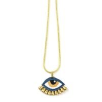 Collier oeil, brodé à la main en fil de soie bleu, jaune, blanc et noir avec strass et larmes en laiton. Chaine en laiton inoxydable et anti-allergène.